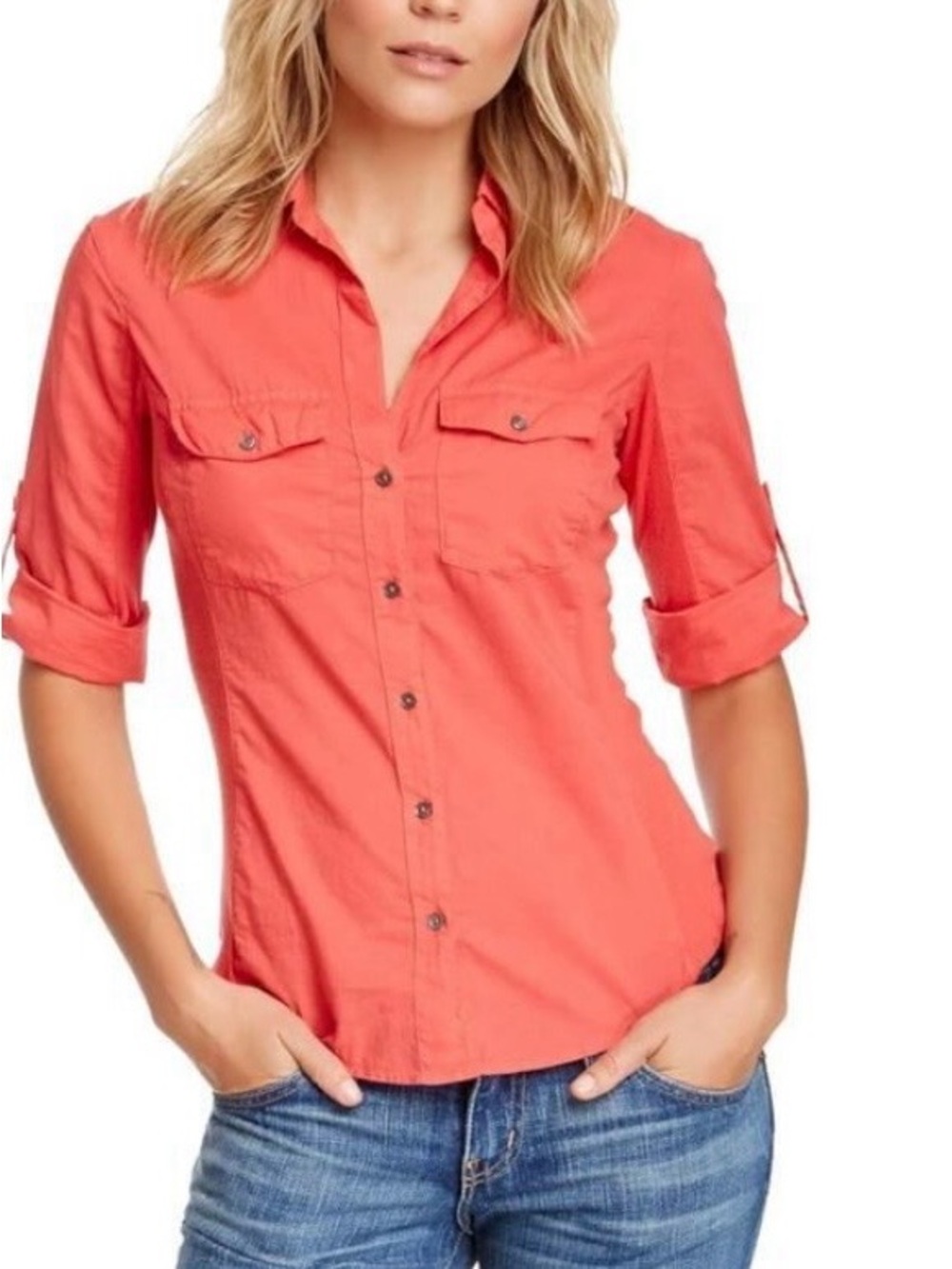 James Perse Roll Tab Button Front Shirt Peach Cotton Utility Blouse Size 2 / M
